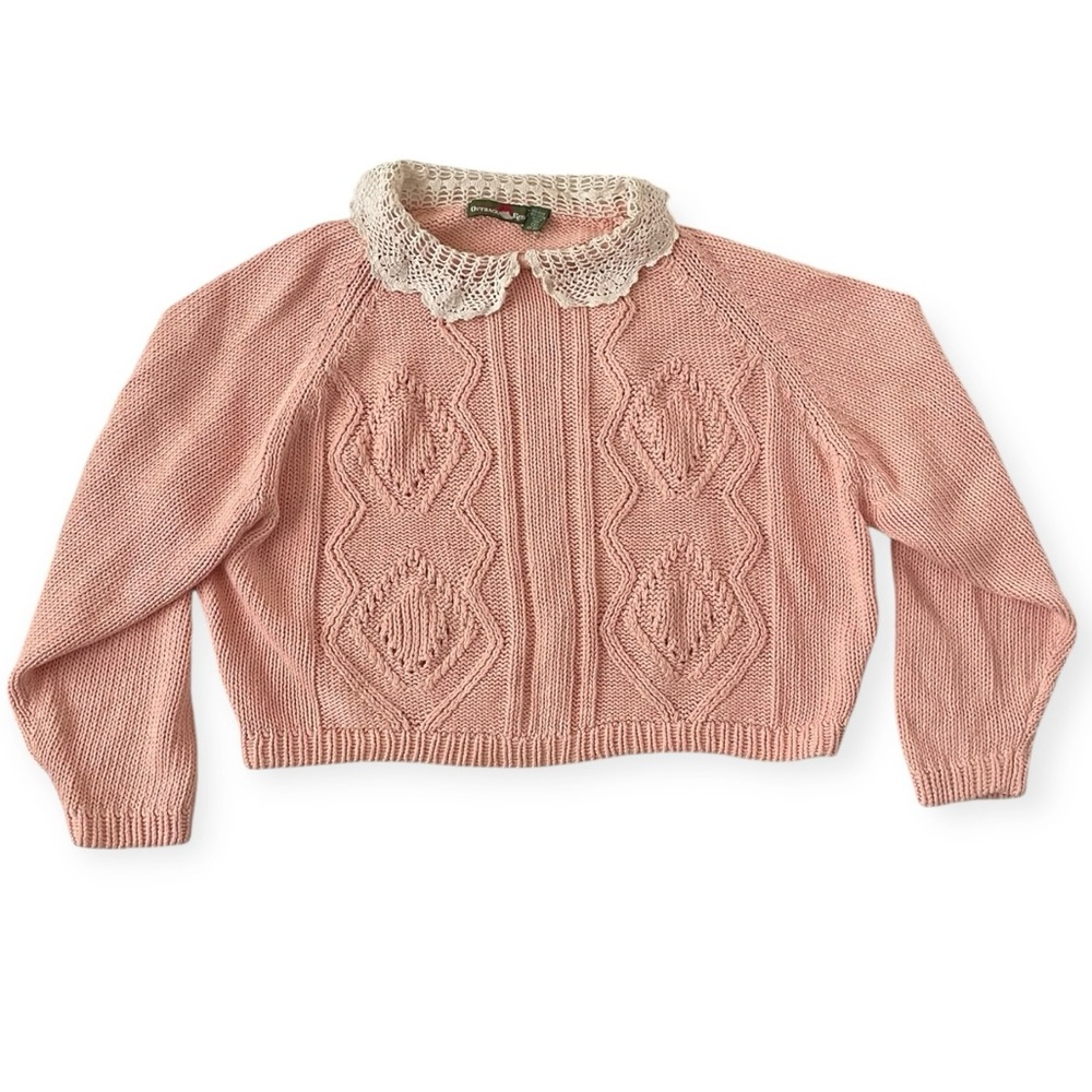 Outback Peterpan Collar Sweater Chunky Knit Cropped Pink women’s Small Cottage